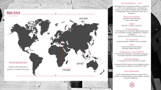 СЕГОДНЯ MILANA — ЭТО:
Производственно-торговая компания, основанная
в 2001 году, производитель и дистрибутор
обуви и аксессуаров торговой марки MILANATM
на территории России, Украины, Казахстана и
Беларуси.
Продукция компании
мужская и женская обувь,
сумки, аксессуары.
3 офиса
(Москва, Стамбул, Гуангжоу).
5 каналов продаж
(собственная сеть магазинов, франчайзинговая
сеть магазинов, оптовое направление, интернет-
партнеры,
интернет-магазин www.milana-shoes.ru).
50 сотрудников
административно-управленческого уровня.
WIPO
Международная регистрация
торговой маркой MILANATM
.
30 фирменных салонов MILANA,
400 оптовых партнеров, 20 интернет-площадок,
на которых продается продукция MILANA
Рекламный бюджет
на текущий год около 500 000 долларов.
Компания MILANA является действующим членом
Национального Обувного Союза РФ с 2007г.
ЦЕЛЬ КОМПАНИИ:
Занять лидирующие позиции в странах CIS по
продаже модельной обуви и аксессуаров в ценовом
сегменте middle plus.
РОССИЯ
КИТАЙ
ТУРЦИЯ
ПРОИЗВОДСТВО
ТОВАРЫ ПРОИЗВОДЯТСЯ
В КИТАЕ, ТУРЦИИ И РОССИИ
 