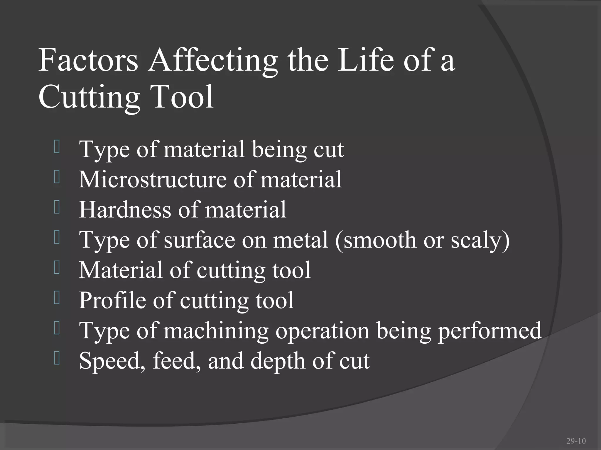 Factors Affecting the Life of a
Cutting Tool
    Type of material being cut
    Microstructure of material
    Hardness of material
    Type of surface on metal (smooth or scaly)
    Material of cutting tool
    Profile of cutting tool
    Type of machining operation being performed
    Speed, feed, and depth of cut


                                                   29-10
 