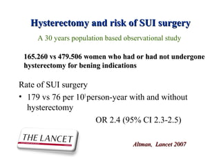 Hysterectomy and risk of SUI surgeryHysterectomy and risk of SUI surgery
Rate of SUI surgery
• 179 vs 76 per 105
person-year with and without
hysterectomy
OR 2.4 (95% CI 2.3-2.5)
A 30 years population based observational study
165.260 vs 479.506 women who had or had not undergone165.260 vs 479.506 women who had or had not undergone
hysterectomy for bening indicationshysterectomy for bening indications
Altman, Lancet 2007Altman, Lancet 2007
 