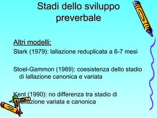 Stadi dello sviluppoStadi dello sviluppo
preverbalepreverbale
Altri modelli:Altri modelli:
Stark (1979): lallazione redupl...
