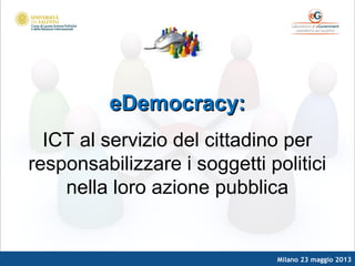 Milano 23 maggio 2013
eDemocracy:eDemocracy:
ICT al servizio del cittadino per
responsabilizzare i soggetti politici
nella loro azione pubblica
 
