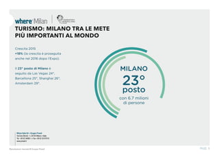 Where Italia Srl • Gruppo Proedi
Via Ezio Biondi, 1 • 20154 Milano • Italia
Tel. +39 02 34995.1 • Fax +39 02 33107015
www.proedi.it
PAGE. 9Riproduzione riservata © Gruppo Proedi
TURISMO: MILANO TRA LE METE
PIÙ IMPORTANTI AL MONDO
23°
posto
con 6.7 milioni
di persone
MILANO
Crescita 2015
+18% (la crescita è proseguita
anche nel 2016 dopo l’Expo).
Il 23° posto di Milano è
seguito da Las Vegas 24°,
Barcellona 25°, Shanghai 26°,
Amsterdam 29°.
 