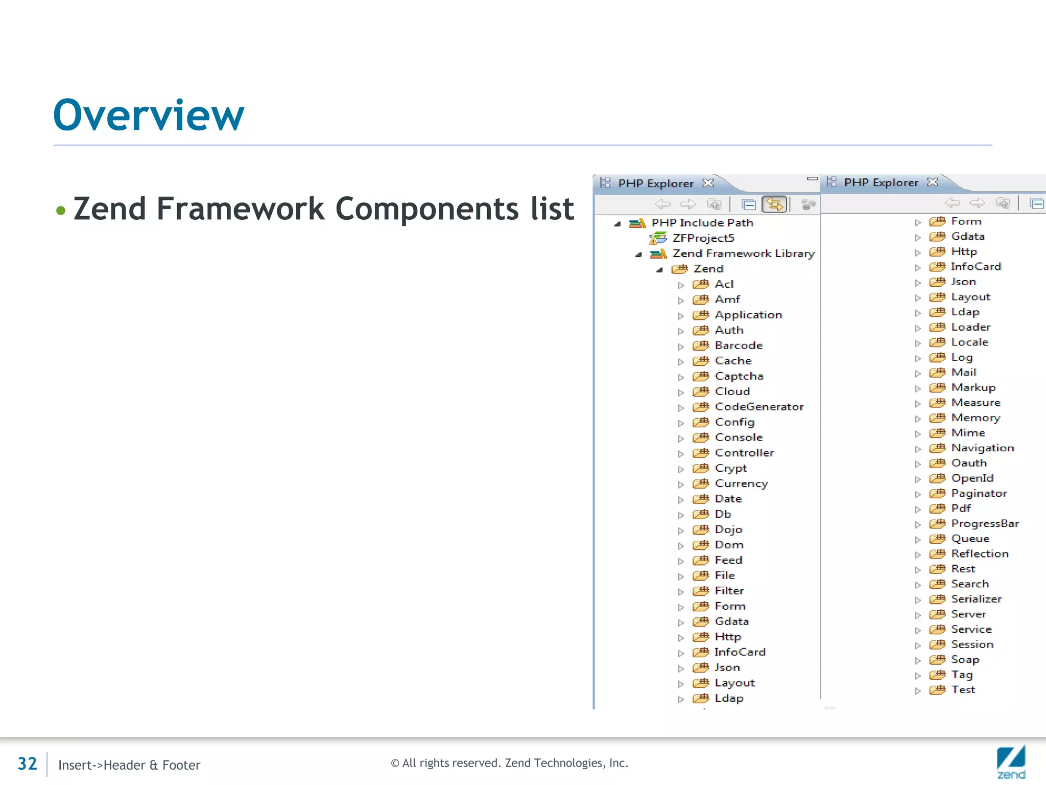 Overview

     • Zend Framework Components list




32   Insert->Header & Footer   © All rights reserved. Zend Technologies, Inc.
 