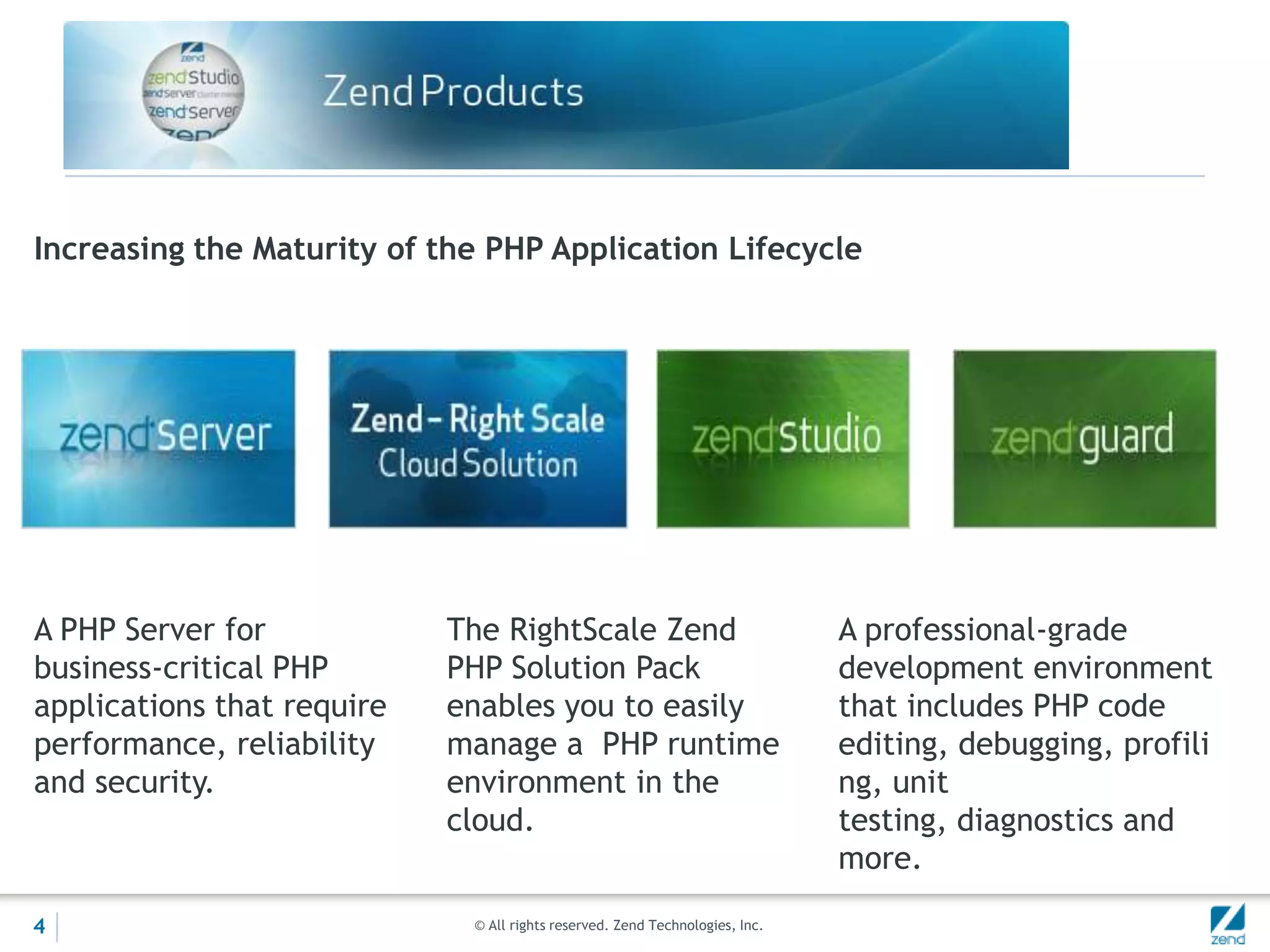 Increasing the Maturity of the PHP Application Lifecycle




A PHP Server for            The RightScale Zend                               A professional-grade
business-critical PHP       PHP Solution Pack                                 development environment
applications that require   enables you to easily                             that includes PHP code
performance, reliability    manage a PHP runtime                              editing, debugging, profili
and security.               environment in the                                ng, unit
                            cloud.                                            testing, diagnostics and
                                                                              more.

4                            © All rights reserved. Zend Technologies, Inc.
 