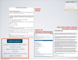 a pilot model - 1

content
clarity

access to
relevant information

information
access to relevant information
content clarity
clear explanation of the
process
clear link to facts, sources and
policy contents
Friday, January 10, 14

clear link to facts, sources
and policy contents

 