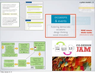 a pilot model - 3

debate
contribution from public
debate

Friday, January 10, 14

occasions
& events

activism and
advocacy

fostering democratic
occasions
agonistic dimension
MAE meets
design thinking
think-tanks
[destinatione italia]
social innovation

 