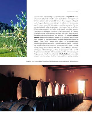 milanomarittimalife        71


              cucina italiana), la tappa d’obbligo è l’avveniristica cantina Campodelsole (www.
              campodelsole.it). L’azienda è moderna come lo stile dei suoi vini. La prima ven-
              demmia in proprio è stata l’annata 2003 con vini che sono apparsi molto puliti,
              freschi e fragranti. Oggi, con una parte di vigne più radicate, i vini hanno acquista-
              to anche maggior profondità. Vasta la gamma prodotta, su cui spicca il ‘Vertice’
              (premiato dalla guida Ais) un Sangiovese che si caratterizza al naso per la fusione
              di frutti rossi e spezie dolci, ed al palato per la notevole rotondità di gusto che
              si allunga su note più sapide. Interessante anche l’interpretazione del Pagadebit
              che qui si smarca dall’anonimato tipico del vitigno. Sulla collina di Montemaggio,
              appena sopra Bertinoro, direttamente sullo ‘spungone’ c’è l’azienda di giovanna
              madonia (www.giovannamadonia.it). Il padre fu tra i fondatori dell’Ente Tutela
              Vini di Romagna. Gli ettari sono circa una dozzina e molte viti sono allevate ad
              alberello. Quando l’annata è di quelle buone, come il 2007, il Sangiovese Riserva
              Ombroso raggiunge livelli di ricchezza e complessità davvero notevoli. Il corredo di
              frutti neri e di spezie che sale al naso, e la persistenza sui toni di grafite e tabacchi
              al palato, sono gli elementi distintivi dello stile di Giovanna Madonia. Della stessa
              cantina spicca anche lo ‘Sterpigno’, un Merlot dal tipico approccio caldo e morbido
              che qui svela insospettate doti di freschezza e slancio. Oltre Bertinoro, dalla parte
              che guarda verso Fratta Terme, c’è l’azienda di Raffaella bissoni (www.vinibis-
              soni.com), indomita e solitaria viticoltrice. Produce pochi vini, da vitigni tipici, due


Nella foto sotto le ‘botti grandi’ dove invecchia il Sangiovese Riserva della cantina Celli di Bertinoro
 
