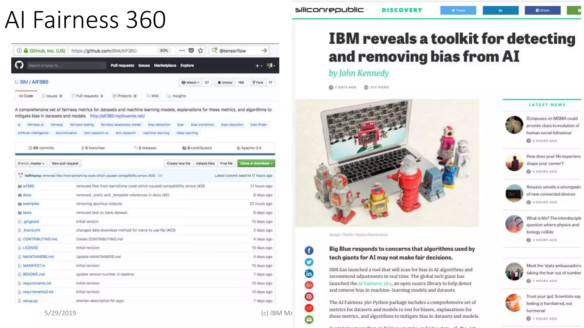 AI Fairness 360
5/29/2019 (c) IBM MAP COG .| 17
 
