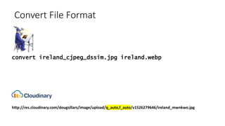 Convert File Format
http://res.cloudinary.com/dougsillars/image/upload/q_auto,f_auto/v1526279646/ireland_mwnkwo.jpg
convert ireland_cjpeg_dssim.jpg ireland.webp
 