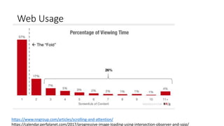 Web Usage
https://www.nngroup.com/articles/scrolling-and-attention/
https://calendar.perfplanet.com/2017/progressive-image-loading-using-intersection-observer-and-sqip/
 
