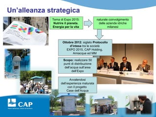 Un’alleanza strategica
             Tema di Expo 2015:               naturale coinvolgimento
              Nutrire il pianeta.              delle aziende idriche
             Energia per la vita                      milanesi




                    Ottobre 2012: siglato Protocollo
                         d’intesa tra le società
                       EXPO 2015, CAP Holding,
                           Amiacque ed MM

                     Scopo: realizzare 50
                     punti di distribuzione
                      dell’acqua sull’area
                            dell’Expo

                          Avvalendosi
                   dell’esperienza maturata
                         con il progetto
                        Case dell’Acqua
 