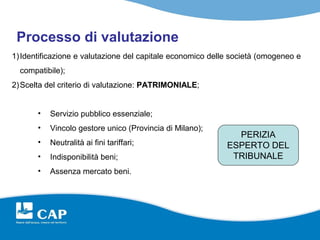 Processo di valutazione
1) Identificazione e valutazione del capitale economico delle società (omogeneo e
  compatibile);
2) Scelta del criterio di valutazione: PATRIMONIALE;


       •   Servizio pubblico essenziale;
       •   Vincolo gestore unico (Provincia di Milano);
                                                              PERIZIA
       •   Neutralità ai fini tariffari;                    ESPERTO DEL
       •   Indisponibilità beni;                             TRIBUNALE
       •   Assenza mercato beni.
 