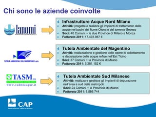 Chi sono le aziende coinvolte
                 Infrastrutture Acque Nord Milano
                 Attività: progetta e realizza gli impianti di trattamento delle
                 acque nei bacini del fiume Olona e del torrente Seveso
                 Soci: 40 Comuni + le due Province di Milano e Monza
                 Fatturato 2011: 17.493.987 €


                 Tutela Ambientale del Magentino
                 Attività: realizzazione e gestione delle opere di collettamento
                 e depurazione delle acque reflue nell’Est Ticino
                 Soci: 37 Comuni + la Provincia di Milano
                 Fatturato 2011: 5.381.152 €



                 Tutela Ambientale Sud Milanese
                 Attività: realizza e gestisce gli impianti di depurazione
                 nell’area a sud della metropoli
                 Soci: 24 Comuni + la Provincia di Milano
                 Fatturato 2011: 8.586.744
 