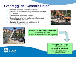 I vantaggi del Gestore Unico
   Gestione pubblica in house providing
   Garanzia di continuità del legame con il territorio
   e i Comuni
   Attuazione di economie di scala
   Dimensionamento per migliorare efficienza ed
   economicità del servizio
   Capacità di rispondere al fabbisogno di
   investimenti del territorio


                               Esempio: le infrazioni comunitarie
                                      (procedura 2034/09)
                              in tema di depurazione e reti fognarie




                                                             Il Gruppo CAP ha già
                                                                  programmato
                                                            un Piano di interventi
                                                           per risolvere le infrazioni
                                                                  entro i termini
 