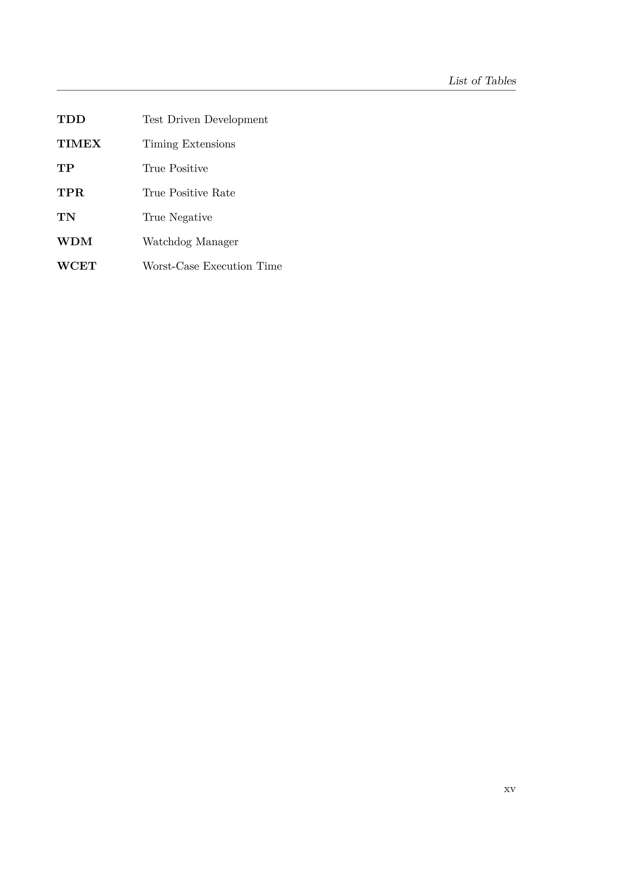 List of Tables
TDD Test Driven Development
TIMEX Timing Extensions
TP True Positive
TPR True Positive Rate
TN True Negative
WDM Watchdog Manager
WCET Worst-Case Execution Time
xv
 