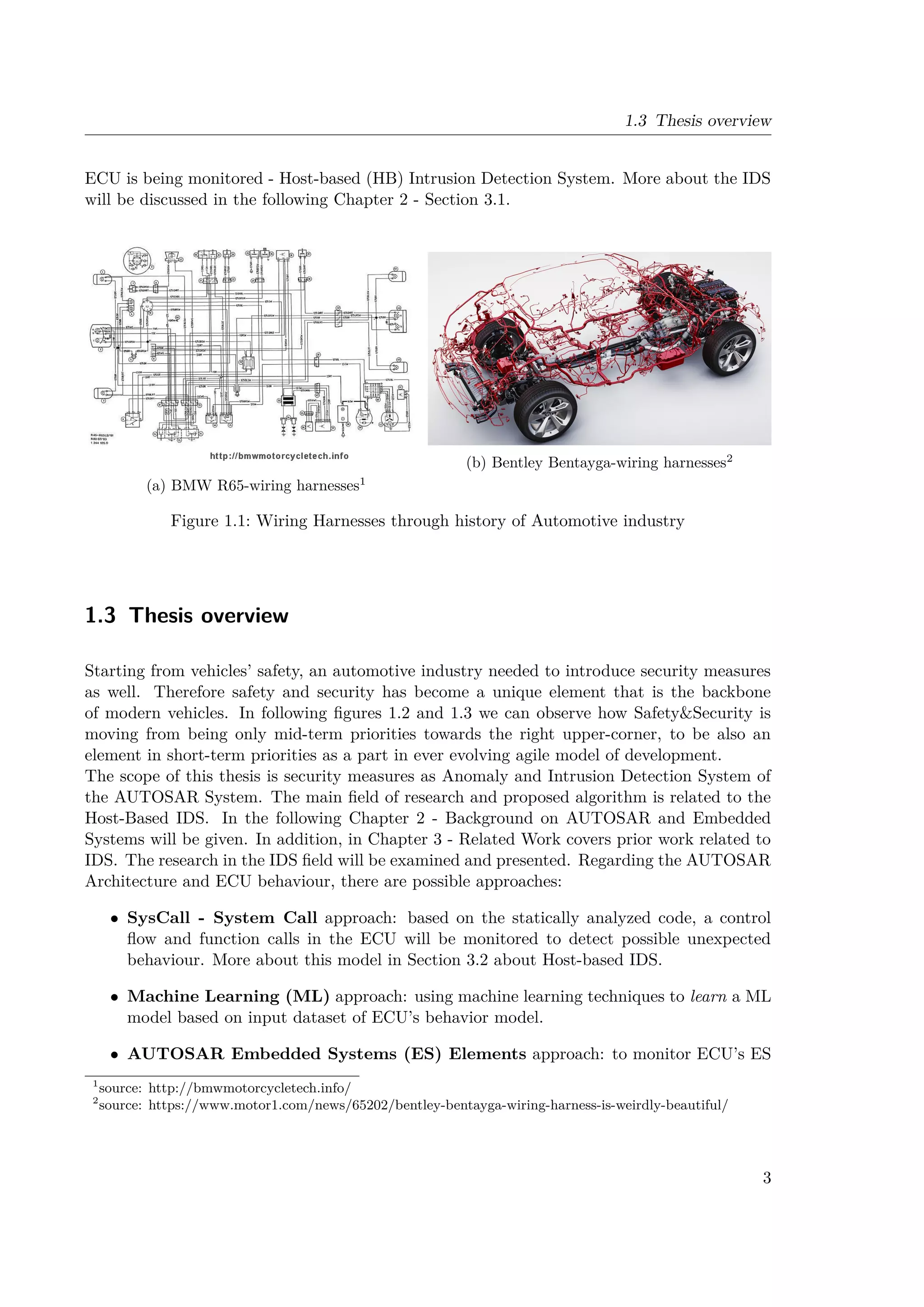 1.3 Thesis overview
ECU is being monitored - Host-based (HB) Intrusion Detection System. More about the IDS
will be discussed in the following Chapter 2 - Section 3.1.
(a) BMW R65-wiring harnesses1
(b) Bentley Bentayga-wiring harnesses2
Figure 1.1: Wiring Harnesses through history of Automotive industry
1.3 Thesis overview
Starting from vehicles’ safety, an automotive industry needed to introduce security measures
as well. Therefore safety and security has become a unique element that is the backbone
of modern vehicles. In following figures 1.2 and 1.3 we can observe how SafetySecurity is
moving from being only mid-term priorities towards the right upper-corner, to be also an
element in short-term priorities as a part in ever evolving agile model of development.
The scope of this thesis is security measures as Anomaly and Intrusion Detection System of
the AUTOSAR System. The main field of research and proposed algorithm is related to the
Host-Based IDS. In the following Chapter 2 - Background on AUTOSAR and Embedded
Systems will be given. In addition, in Chapter 3 - Related Work covers prior work related to
IDS. The research in the IDS field will be examined and presented. Regarding the AUTOSAR
Architecture and ECU behaviour, there are possible approaches:
• SysCall - System Call approach: based on the statically analyzed code, a control
flow and function calls in the ECU will be monitored to detect possible unexpected
behaviour. More about this model in Section 3.2 about Host-based IDS.
• Machine Learning (ML) approach: using machine learning techniques to learn a ML
model based on input dataset of ECU’s behavior model.
• AUTOSAR Embedded Systems (ES) Elements approach: to monitor ECU’s ES
1
source: http://bmwmotorcycletech.info/
2
source: https://www.motor1.com/news/65202/bentley-bentayga-wiring-harness-is-weirdly-beautiful/
3
 