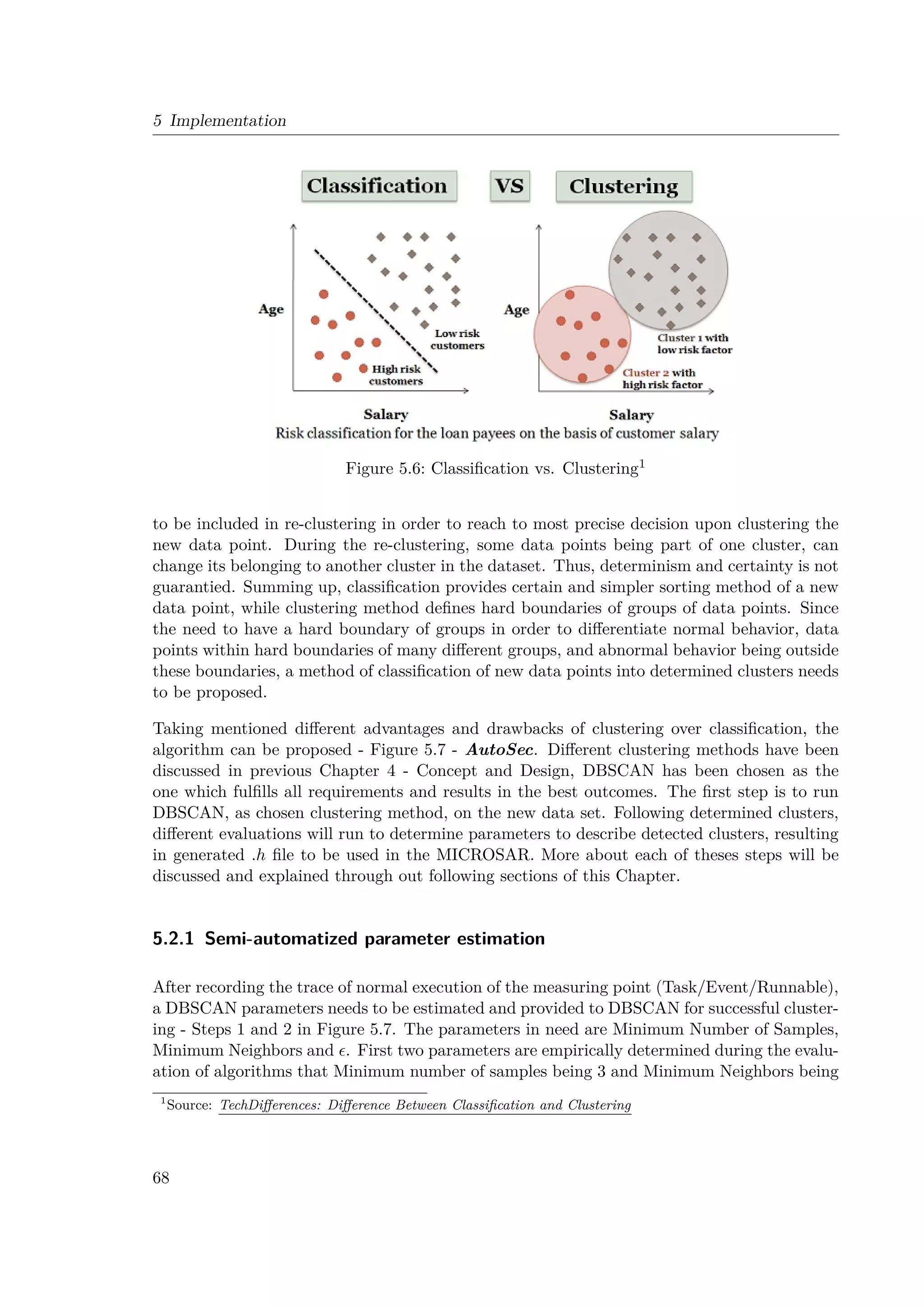 5 Implementation
Figure 5.6: Classification vs. Clustering1
to be included in re-clustering in order to reach to most precise decision upon clustering the
new data point. During the re-clustering, some data points being part of one cluster, can
change its belonging to another cluster in the dataset. Thus, determinism and certainty is not
guarantied. Summing up, classification provides certain and simpler sorting method of a new
data point, while clustering method defines hard boundaries of groups of data points. Since
the need to have a hard boundary of groups in order to differentiate normal behavior, data
points within hard boundaries of many different groups, and abnormal behavior being outside
these boundaries, a method of classification of new data points into determined clusters needs
to be proposed.
Taking mentioned different advantages and drawbacks of clustering over classification, the
algorithm can be proposed - Figure 5.7 - AutoSec. Different clustering methods have been
discussed in previous Chapter 4 - Concept and Design, DBSCAN has been chosen as the
one which fulfills all requirements and results in the best outcomes. The first step is to run
DBSCAN, as chosen clustering method, on the new data set. Following determined clusters,
different evaluations will run to determine parameters to describe detected clusters, resulting
in generated .h file to be used in the MICROSAR. More about each of theses steps will be
discussed and explained through out following sections of this Chapter.
5.2.1 Semi-automatized parameter estimation
After recording the trace of normal execution of the measuring point (Task/Event/Runnable),
a DBSCAN parameters needs to be estimated and provided to DBSCAN for successful cluster-
ing - Steps 1 and 2 in Figure 5.7. The parameters in need are Minimum Number of Samples,
Minimum Neighbors and . First two parameters are empirically determined during the evalu-
ation of algorithms that Minimum number of samples being 3 and Minimum Neighbors being
1
Source: TechDifferences: Difference Between Classification and Clustering
68
 