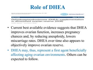 Role of DHEA
• Current best available evidence suggests that DHEA
improves ovarian function, increases pregnancy
chances and, by reducing aneuploidy, lowers
miscarriage rates. DHEA over time also appears to
objectively improve ovarian reserve.
• DHEA may, thus, represent a first agent beneficially
affecting aging ovarian environments. Others can be
expected to follow.
 