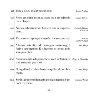#'# Você é o seu maior patrimônio.                     Louise L. Hay


#'$ Moro em cima dos meus sapatos e embaixo do         Antônio Peticov
     meu chapéu.

#'% Nunca subestime um homem que se superes-          Franklin Delano
                                                            Roosevelt
     tima.

#' Estou solteira porque ninguém me merece, ora!            Narcisa
                                                       Tamborindeguy

#'' A forma mais eficaz de conseguir um inimigo é          Ana Sharp
     ferir o seu orgulho. E o fazemos o tempo todo
     sem perceber.

$ Abandonando a dependência, você se fortalece Aracy de Carvalho
     e se sustenta por si só.

$ O orgulho é o calcanhar-de-aquiles do ser hu-          Ana Sharp
     mano.

$   Ser inteiramente honesto consigo mesmo é um       Sigmund Freud
     bom exercício.

                                ''
 