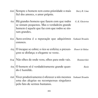 $ Sempre o homem tem como prioridade o mais             Darcy R. Lima
     fiel dos amores, o amor próprio.

$ Há grandes homens que fazem com que todos            G. K. Chesterton
     se sintam pequenos. Mas o verdadeiro grande
     homem é aquele que faz com que todos se sin-
     tam grandes.

$   Auto-estima é a reputação que adquirimos          Nathaniel Branden
     conosco.

$! O incapaz se cobre; o rico se enfeita; o presun-    Honoré de Balzac
     çoso se disfarça; o elegante se veste.

$ Não olhes de onde vens, olhes para onde vais.          Beaumarchais


$# O homem só é verdadeiramente grande quan-                      Bazin
     do é humilde.

$$ Viver produtivamente é oferecer a nós mesmos Nathaniel Branden
     uma das alegrias ou recompensas singulares
     pelo fato de sermos humanos.

                                
 