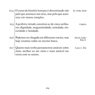 $  O curso da história humana é determinado não       Sir Arthur Keith
    pelo que acontece nos céus, mas pelo que acon-
    tece em nossos corações.

$ # A perfeita virtude constitui-se de cinco atribu-          Confúcio
    tos: dignidade, magnanimidade, seriedade, sin-
    ceridade e bondade.

$ $ Podemos ter chegado em diferentes navios, mas       Martin Luther
                                                              King Jr.
    hoje estamos todos no mesmo barco.

$ % Quanto mais tenho pensamentos amáveis sobre          Louise L. Hay
    mim, melhor eu me sinto e mais amável me
    torno com os outros.




                               
 