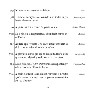 %% Nunca há excesso na caridade.                             Bacon


% Um bom coração vale mais do que todas as ca-       Bulwer Lytton
     beças deste mundo.

%' A gratidão é a virtude da posteridade.           Barreto Menezes


%  Se o gênio é uma grandeza, a bondade é uma ex-          Anônimo
     celência.

%  Aquele que recebe um favor deve recordar-se             Anônimo
     dele; quem o faz deve esquecê-lo.

%    A primeira condição da bondade humana é de         George Eliot
     que existe algo digno de ser reverenciado.

% ! Sede piedosos. Bem-aventurados os que fazem       Francisca Júlia
     o bem com os olhos fechados.

%  A mais nobre missão do ser humano é prestar              Sófocles
     ajuda aos seus semelhantes por todos os meios
     ao seu alcance.

                               
 