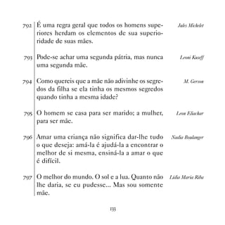 %'   É uma regra geral que todos os homens supe-        Jules Michelet
     riores herdam os elementos de sua superio-
     ridade de suas mães.

%'! Pode-se achar uma segunda pátria, mas nunca          Leoni Kuseff
     uma segunda mãe.

%' Como quereis que a mãe não adivinhe os segre-          M. Gerson
     dos da filha se ela tinha os mesmos segredos
     quando tinha a mesma idade?

%'# O homem se casa para ser marido; a mulher,          Leon Eliachar
     para ser mãe.

%'$ Amar uma criança não significa dar-lhe tudo      Nadia Boulanger
     o que deseja: amá-la é ajudá-la a encontrar o
     melhor de si mesma, ensiná-la a amar o que
     é difícil.

%'% O melhor do mundo. O sol e a lua. Quanto não     Lídia Maria Riba
     lhe daria, se eu pudesse... Mas sou somente
     mãe.

                               !!
 