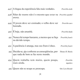% A língua da experiência fala mais verdades.          Provérbio árabe


 Falar de touros não é o mesmo que estar na Provérbio espanhol
     arena.

' O jovem deve ser ensinado; o velho deve ser          Provérbio sueco
     honrado.

# É hoje, não amanhã.                                  Provérbio hindu


# Nunca há tempo bastante, a menos que se faça        Provérbio francês
     no devido tempo.

#   A paciência é amarga, mas seu fruto é doce.        Provérbio francês


#! Decida-se, aja e enfrente as conseqüências, por- Thomas H. Huxley
     que nada de bom se faz neste mundo.

# Quem trabalha tem muito, quem poupa,                       Provérbio
     mais ainda.                                                iuguslavo


## Quem não se ocupa se preocupa.                     Otto Lara Resende


                                 %
 