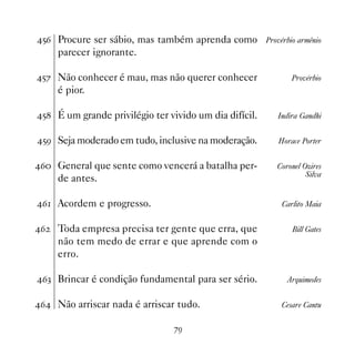 #$ Procure ser sábio, mas também aprenda como Provérbio armênio
     parecer ignorante.

#% Não conhecer é mau, mas não querer conhecer             Provérbio
     é pior.

# É um grande privilégio ter vivido um dia difícil.   Indira Gandhi


#' Seja moderado em tudo, inclusive na moderação.      Horace Porter


$ General que sente como vencerá a batalha per-       Coronel Ozires
                                                                 Silva
     de antes.

$ Acordem e progresso.                                 Carlito Maia


$   Toda empresa precisa ter gente que erra, que           Bill Gates
     não tem medo de errar e que aprende com o
     erro.

$! Brincar é condição fundamental para ser sério.         Arquimedes


$ Não arriscar nada é arriscar tudo.                   Cesare Cantu


                                %'
 