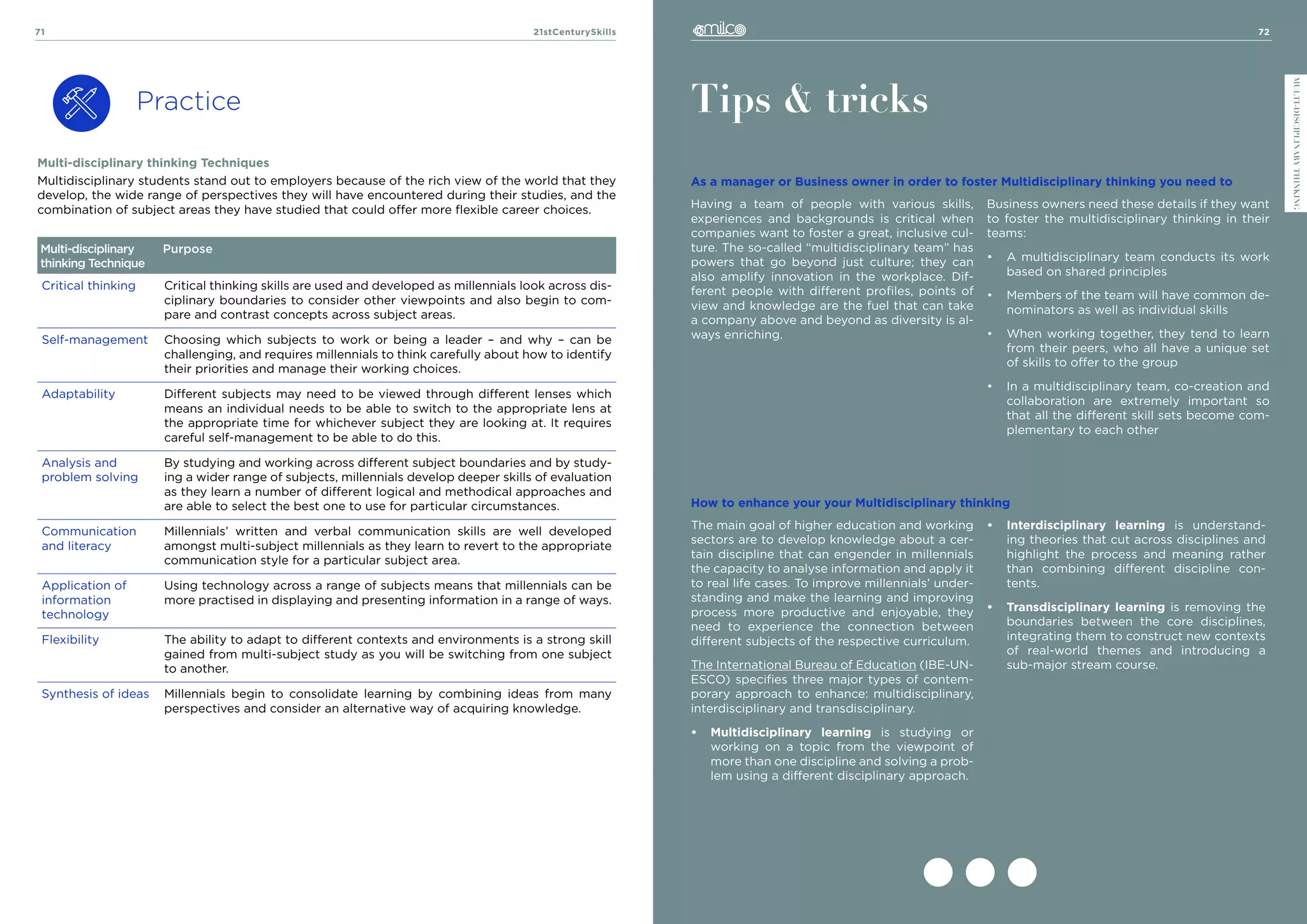 72
21stCenturySkills
71
MULTI-DISCIPLINARY
THINKING
Practice
Multi-disciplinary thinking Techniques
Multidisciplinary students stand out to employers because of the rich view of the world that they
develop, the wide range of perspectives they will have encountered during their studies, and the
combination of subject areas they have studied that could offer more flexible career choices.
Tips & tricks
As a manager or Business owner in order to foster Multidisciplinary thinking you need to
How to enhance your your Multidisciplinary thinking
Having a team of people with various skills,
experiences and backgrounds is critical when
companies want to foster a great, inclusive cul-
ture. The so-called “multidisciplinary team” has
powers that go beyond just culture; they can
also amplify innovation in the workplace. Dif-
ferent people with different profiles, points of
view and knowledge are the fuel that can take
a company above and beyond as diversity is al-
ways enriching.
Business owners need these details if they want
to foster the multidisciplinary thinking in their
teams:
•	 A multidisciplinary team conducts its work
based on shared principles
•	 Members of the team will have common de-
nominators as well as individual skills
•	 When working together, they tend to learn
from their peers, who all have a unique set
of skills to offer to the group
•	 In a multidisciplinary team, co-creation and
collaboration are extremely important so
that all the different skill sets become com-
plementary to each other
Multi-disciplinary
thinking Technique
Purpose
Critical thinking Critical thinking skills are used and developed as millennials look across dis-
ciplinary boundaries to consider other viewpoints and also begin to com-
pare and contrast concepts across subject areas.
Self-management Choosing which subjects to work or being a leader – and why – can be
challenging, and requires millennials to think carefully about how to identify
their priorities and manage their working choices.
Adaptability Different subjects may need to be viewed through different lenses which
means an individual needs to be able to switch to the appropriate lens at
the appropriate time for whichever subject they are looking at. It requires
careful self-management to be able to do this.
Analysis and
problem solving
By studying and working across different subject boundaries and by study-
ing a wider range of subjects, millennials develop deeper skills of evaluation
as they learn a number of different logical and methodical approaches and
are able to select the best one to use for particular circumstances.
Communication
and literacy
Millennials’ written and verbal communication skills are well developed
amongst multi-subject millennials as they learn to revert to the appropriate
communication style for a particular subject area.
Application of
information
technology
Using technology across a range of subjects means that millennials can be
more practised in displaying and presenting information in a range of ways.
Flexibility The ability to adapt to different contexts and environments is a strong skill
gained from multi-subject study as you will be switching from one subject
to another.
Synthesis of ideas Millennials begin to consolidate learning by combining ideas from many
perspectives and consider an alternative way of acquiring knowledge.
The main goal of higher education and working
sectors are to develop knowledge about a cer-
tain discipline that can engender in millennials
the capacity to analyse information and apply it
to real life cases. To improve millennials’ under-
standing and make the learning and improving
process more productive and enjoyable, they
need to experience the connection between
different subjects of the respective curriculum.
The International Bureau of Education (IBE-UN-
ESCO) specifies three major types of contem-
porary approach to enhance: multidisciplinary,
interdisciplinary and transdisciplinary.
•	 Multidisciplinary learning is studying or
working on a topic from the viewpoint of
more than one discipline and solving a prob-
lem using a different disciplinary approach.
•	 Interdisciplinary learning is understand-
ing theories that cut across disciplines and
highlight the process and meaning rather
than combining different discipline con-
tents.
•	 Transdisciplinary learning is removing the
boundaries between the core disciplines,
integrating them to construct new contexts
of real-world themes and introducing a
sub-major stream course.
 