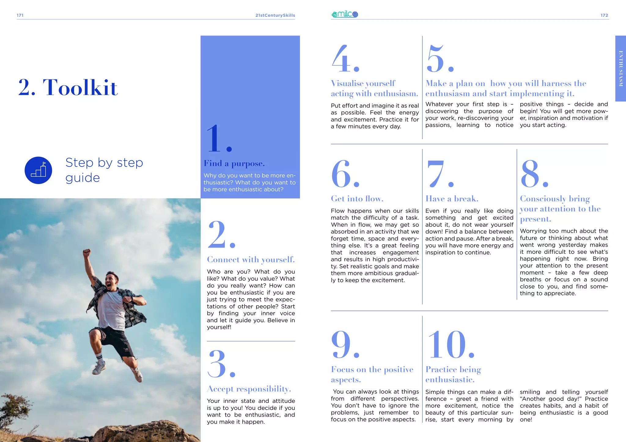21stCenturySkills
171 172
ENTHUSIASM
Step by step
guide
1.
Find a purpose.
Why do you want to be more en-
thusiastic? What do you want to
be more enthusiastic about?
ENTHUSIASM
3.
Accept responsibility.
Your inner state and attitude
is up to you! You decide if you
want to be enthusiastic, and
you make it happen.
4.
Visualise yourself
acting with enthusiasm.
Put effort and imagine it as real
as possible. Feel the energy
and excitement. Practice it for
a few minutes every day.
7.
Have a break.
Even if you really like doing
something and get excited
about it, do not wear yourself
down! Find a balance between
action and pause. After a break,
you will have more energy and
inspiration to continue.
10.
Practice being
enthusiastic.
8.
Consciously bring
your attention to the
present.
Worrying too much about the
future or thinking about what
went wrong yesterday makes
it more difficult to see what’s
happening right now. Bring
your attention to the present
moment – take a few deep
breaths or focus on a sound
close to you, and find some-
thing to appreciate.
9.
Focus on the positive
aspects.
You can always look at things
from different perspectives.
You don’t have to ignore the
problems, just remember to
focus on the positive aspects.
5.
Make a plan on how you will harness the
enthusiasm and start implementing it.
6.
Get into flow.
Flow happens when our skills
match the difficulty of a task.
When in flow, we may get so
absorbed in an activity that we
forget time, space and every-
thing else. It’s a great feeling
that increases engagement
and results in high productivi-
ty. Set realistic goals and make
them more ambitious gradual-
ly to keep the excitement.
2. Toolkit
2.
Connect with yourself.
Who are you? What do you
like? What do you value? What
do you really want? How can
you be enthusiastic if you are
just trying to meet the expec-
tations of other people? Start
by finding your inner voice
and let it guide you. Believe in
yourself!
Whatever your first step is –
discovering the purpose of
your work, re-discovering your
passions, learning to notice
positive things – decide and
begin! You will get more pow-
er, inspiration and motivation if
you start acting.
Simple things can make a dif-
ference – greet a friend with
more excitement, notice the
beauty of this particular sun-
rise, start every morning by
smiling and telling yourself
“Another good day!” Practice
creates habits, and a habit of
being enthusiastic is a good
one!
 