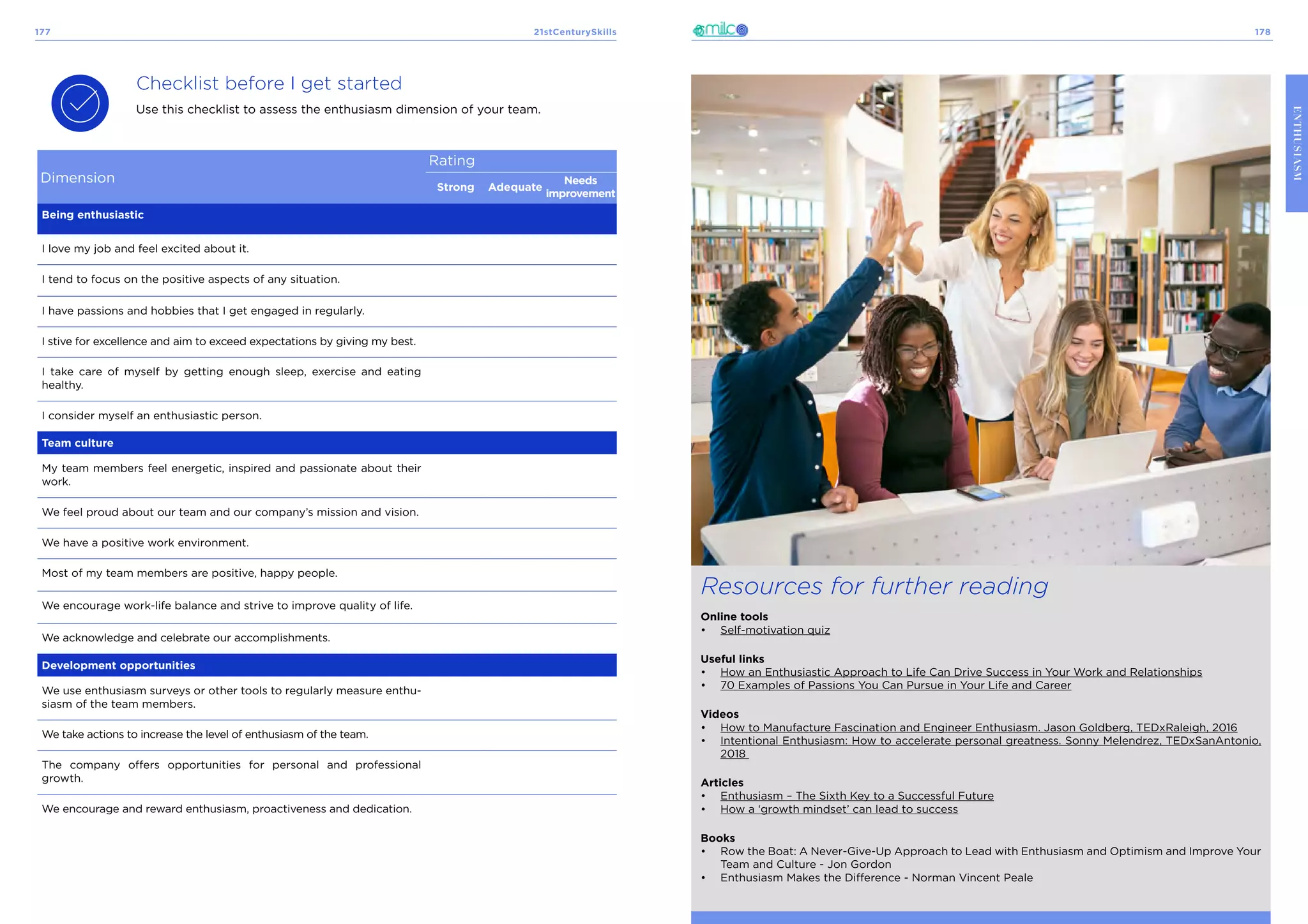 21stCenturySkills
177 178
ENTHUSIASM
Checklist before I get started
Use this checklist to assess the enthusiasm dimension of your team.
Dimension
Rating
Strong Adequate
Needs
improvement
Being enthusiastic
I love my job and feel excited about it.
I tend to focus on the positive aspects of any situation.
I have passions and hobbies that I get engaged in regularly.
I stive for excellence and aim to exceed expectations by giving my best.
I take care of myself by getting enough sleep, exercise and eating
healthy.
I consider myself an enthusiastic person.
Team culture
My team members feel energetic, inspired and passionate about their
work.
We feel proud about our team and our company’s mission and vision.
We have a positive work environment.
Most of my team members are positive, happy people.
We encourage work-life balance and strive to improve quality of life.
We acknowledge and celebrate our accomplishments.
Development opportunities
We use enthusiasm surveys or other tools to regularly measure enthu-
siasm of the team members.
We take actions to increase the level of enthusiasm of the team.
The company offers opportunities for personal and professional
growth.
We encourage and reward enthusiasm, proactiveness and dedication.
Resources for further reading
Online tools
•	 Self-motivation quiz
Useful links
•	 How an Enthusiastic Approach to Life Can Drive Success in Your Work and Relationships
•	 70 Examples of Passions You Can Pursue in Your Life and Career
Videos
•	 How to Manufacture Fascination and Engineer Enthusiasm. Jason Goldberg, TEDxRaleigh, 2016
•	 Intentional Enthusiasm: How to accelerate personal greatness. Sonny Melendrez, TEDxSanAntonio,
2018
Articles
•	 Enthusiasm – The Sixth Key to a Successful Future
•	 How a ‘growth mindset’ can lead to success
Books
•	 Row the Boat: A Never-Give-Up Approach to Lead with Enthusiasm and Optimism and Improve Your
Team and Culture - Jon Gordon
•	 Enthusiasm Makes the Difference - Norman Vincent Peale
 