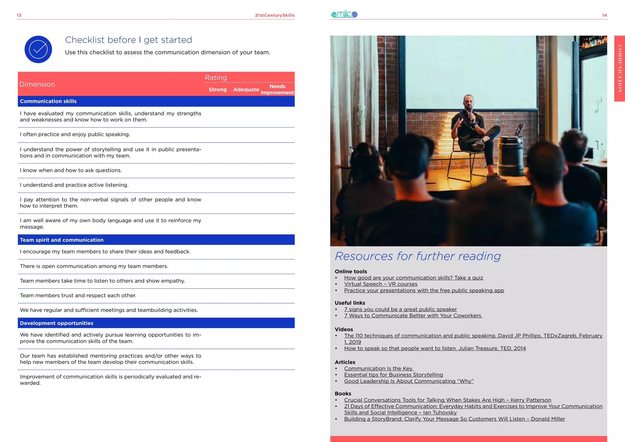 21stCenturySkills
13 14
COMMUNICATION
Checklist before I get started
Use this checklist to assess the communication dimension of your team.
Dimension
Rating
Strong Adequate
Needs
improvement
Communication skills
I have evaluated my communication skills, understand my strengths
and weaknesses and know how to work on them.
I often practice and enjoy public speaking.
I understand the power of storytelling and use it in public presenta-
tions and in communication with my team.
I know when and how to ask questions.
I understand and practice active listening.
I pay attention to the non-verbal signals of other people and know
how to interpret them.
I am well aware of my own body language and use it to reinforce my
message.
Team spirit and communication
I encourage my team members to share their ideas and feedback.
There is open communication among my team members.
Team members take time to listen to others and show empathy.
Team members trust and respect each other.
We have regular and sufficient meetings and teambuilding activities.
Development opportunities
We have identified and actively pursue learning opportunities to im-
prove the communication skills of the team.
Our team has established mentoring practices and/or other ways to
help new members of the team develop their communication skills.
Improvement of communication skills is periodically evaluated and re-
warded.
Resources for further reading
Online tools
•	 How good are your communication skills? Take a quiz
•	 Virtual Speech – VR courses
•	 Practice your presentations with the free public speaking app
Useful links
•	 7 signs you could be a great public speaker
•	 7 Ways to Communicate Better with Your Coworkers
Videos
•	 The 110 techniques of communication and public speaking. David JP Phillips, TEDxZagreb, February
1, 2019
•	 How to speak so that people want to listen. Julian Treasure, TED, 2014
Articles
•	 Communication Is the Key
•	 Essential tips for Business Storytelling
•	 Good Leadership Is About Communicating “Why”
Books
•	 Crucial Conversations Tools for Talking When Stakes Are High – Kerry Patterson
•	 21 Days of Effective Communication: Everyday Habits and Exercises to Improve Your Communication
Skills and Social Intelligence – Ian Tuhovsky
•	 Building a StoryBrand: Clarify Your Message So Customers Will Listen – Donald Miller
 