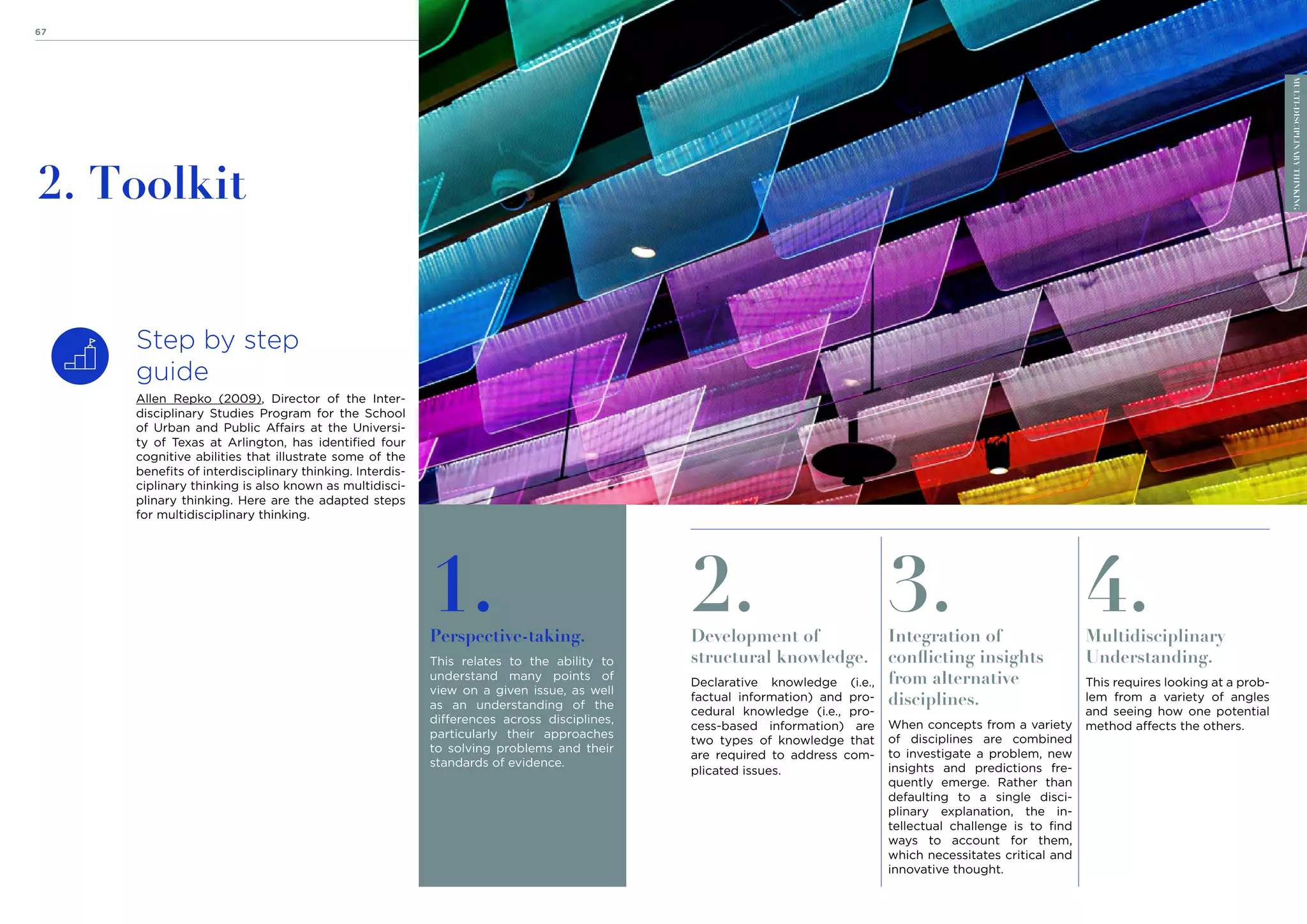 21stCenturySkills
67 68
MULTI-DISCIPLINARY
THINKING
Step by step
guide
2. Toolkit
Allen Repko (2009), Director of the Inter-
disciplinary Studies Program for the School
of Urban and Public Affairs at the Universi-
ty of Texas at Arlington, has identified four
cognitive abilities that illustrate some of the
benefits of interdisciplinary thinking. Interdis-
ciplinary thinking is also known as multidisci-
plinary thinking. Here are the adapted steps
for multidisciplinary thinking.
2.
Development of
structural knowledge.
Declarative knowledge (i.e.,
factual information) and pro-
cedural knowledge (i.e., pro-
cess-based information) are
two types of knowledge that
are required to address com-
plicated issues.
3.
Integration of
conflicting insights
from alternative
disciplines.
When concepts from a variety
of disciplines are combined
to investigate a problem, new
insights and predictions fre-
quently emerge. Rather than
defaulting to a single disci-
plinary explanation, the in-
tellectual challenge is to find
ways to account for them,
which necessitates critical and
innovative thought.
4.
Multidisciplinary
Understanding.
This requires looking at a prob-
lem from a variety of angles
and seeing how one potential
method affects the others.
1.
Perspective-taking.
This relates to the ability to
understand many points of
view on a given issue, as well
as an understanding of the
differences across disciplines,
particularly their approaches
to solving problems and their
standards of evidence.
MULTI-DISCIPLINARY
THINKING
 