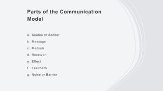 Parts of the Communication
Model
a. Source or Sender
b. Message
c. Medium
d. Receiver
e. Effect
f. Feedback
g. Noise or Barrier
 