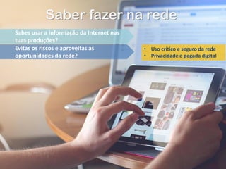 Saber fazer na rede
Sabes usar a informação da Internet nas
tuas produções?
Evitas os riscos e aproveitas as
oportunidades da rede?
• Uso crítico e seguro da rede
• Privacidade e pegada digital
 