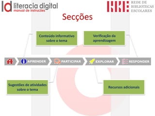 Secções
Conteúdo informativo
sobre o tema
Verificação da
aprendizagem
Sugestões de atividades
sobre o tema
Recursos adicionais
 