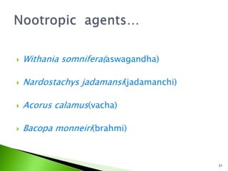  Withania somnifera(aswagandha)
 Nardostachys jadamansi(jadamanchi)
 Acorus calamus(vacha)
 Bacopa monneiri(brahmi)
31
 