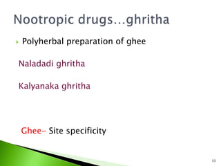  Polyherbal preparation of ghee
Naladadi ghritha
Kalyanaka ghritha
Ghee- Site specificity
33
 