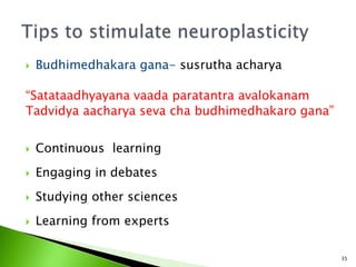  Budhimedhakara gana- susrutha acharya
“Satataadhyayana vaada paratantra avalokanam
Tadvidya aacharya seva cha budhimedhakaro gana”
 Continuous learning
 Engaging in debates
 Studying other sciences
 Learning from experts
35
 