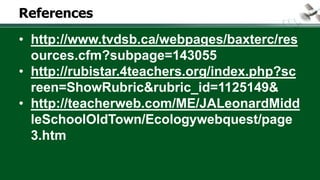 References
• http://www.tvdsb.ca/webpages/baxterc/res
ources.cfm?subpage=143055
• http://rubistar.4teachers.org/index.php?sc
reen=ShowRubric&rubric_id=1125149&
• http://teacherweb.com/ME/JALeonardMidd
leSchoolOldTown/Ecologywebquest/page
3.htm
 