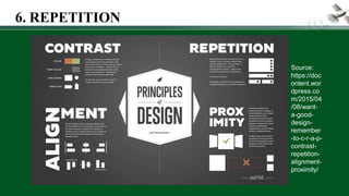 6. REPETITION
Source:
https://doc
ontent.wor
dpress.co
m/2015/04
/08/want-
a-good-
design-
remember
-to-c-r-a-p-
contrast-
repetition-
alignment-
proximity/
 