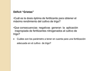Déficit “Grietas”

•Cuál es la dosis óptima de fertilizante para obtener el
máximo rendimiento del cultivo de trigo?

•Que consecuencias negativas generan la aplicación
  inapropiada de fertilizantes nitrogenados al cultivo de
trigo?
   Cuáles son los parámetro a tener en cuenta para una fertilización
   adecuada en el cultivo de trigo?
 