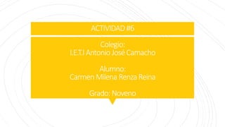 ACTIVIDAD #6
Colegio:
I.E.T.IAntonio JoséCamacho
Alumno:
Carmen Milena RenzaReina
Grado: Noveno
 
