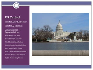 US CapitolSenator Amy KlobucharSenator Al FrankenCongressional RepresentativesFirst District-Tim Walz