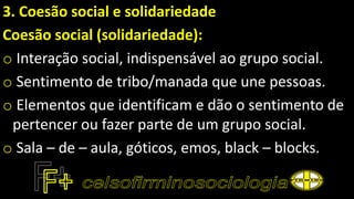 3. Coesão social e solidariedade
Coesão social (solidariedade):
o Interação social, indispensável ao grupo social.
o Sentimento de tribo/manada que une pessoas.
o Elementos que identificam e dão o sentimento de
pertencer ou fazer parte de um grupo social.
o Sala – de – aula, góticos, emos, black – blocks.
 