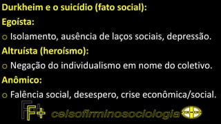 Durkheim e o suicídio (fato social):
Egoísta:
o Isolamento, ausência de laços sociais, depressão.
Altruísta (heroísmo):
o Negação do individualismo em nome do coletivo.
Anômico:
o Falência social, desespero, crise econômica/social.
 