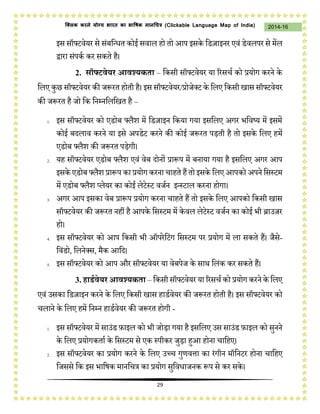 29
2014-16क्लिक करने योग्य भारत का भाषिक मानचित्र (C i u I i )
इस सॉफ्टवेयि से संबकवधत िोई सवाि हो तो आप इसिे किज़ाइनि एवं िेविपि से मेंि
द्वािा संपिच िि सिते है।
2. सॉफ्टिेयर आिश्यकता – किसी सॉफ्टवेयि या रिसर्च िो प्रयोग ििने िे
किए िुछ सॉफ्टवेयि िी जरूित होती है। इस सॉफ्टवेयि/प्रोजेक्ट िे किए किसी खास सॉफ्टवेयि
िी जरूित है जो कि कनम्नकिकखत है –
1. इस सॉफ्टवेयि िो एिोब फ्िैश में किज़ाइन किया गया इसकिए अगि भकवष्य में इसमें
िोई बदिाव ििने या इसे अपिेट ििने िी िोई जरूित पड़ती है तो इसिे किए हमें
एिोब फ्िैश िी जरूित पड़ेगी।
2. यह सॉफ्टवेयि एिोब फ्िैश एवं वेब दोनों प्रारूप में बनाया गया है इसकिए अगि आप
इसिे एिोब फ्िैश प्रारूप िा प्रयोग ििना र्ाहते हैंतो इसिे किए आपिो अपने कसस्टम
में एिोब फ्िैश प्िेयि िा िोई िेटेस्ट वजचन इवस्टाि ििना होगा।
3. अगि आप इसिा वेब प्रारूप प्रयोग ििना र्ाहते हैं तो इसिे किए आपिो किसी खास
सॉफ्टवेयि िी जरूित नहीं है आपिे कसस्टम में िेवि िेटेस्ट वजचन िा िोई भी ब्राउज़ि
हो।
4. इस सॉफ्टवेयि िो आप किसी भी ऑपिेकटंग कसस्टम पि प्रयोग में िा सिते हैं। जैसे-
कवंिो, किनेक्स, मैि आकद।
5. इस सॉफ्टवेयि िो आप औि सॉफ्टवेयि या वेबपेज िे साथ किंि िि सिते हैं।
3. हािथिेयर आिश्यकता – किसी सॉफ्टवेयि या रिसर्च िो प्रयोग ििने िे किए
एवं उसिा किज़ाइन ििने िे किए किसी खास हािचवेयि िी जरूित होती है। इस सॉफ्टवेयि िो
र्िाने िे किए हमें कनम्न हािचवेयि िी जरूित होगी -
1. इस सॉफ्टवेयि में साउंि फ़ाइि िो भी जोड़ा गया है इसकिए उस साउंि फ़ाइि िो सुनने
िे किए प्रयोगिताच िे कसस्टम से एि स्पीिि जुड़ा हुआ होना र्ाकहए।
2. इस सॉफ्टवेयि िा प्रयोग ििने िे किए उच्र् गुणवत्ता िा िंगीन मॉकनटि होना र्ाकहए
कजससे कि इस भाकषि मानकर्त्र िा प्रयोग सुकवधाजनि रूप से िि सिे ।
 