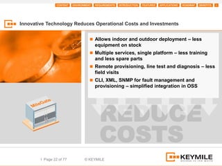 CONTENT   ENVIRONMENT   REQUIREMENTS   INTRODUCTION   FEATURES   APPLICATIONS   ROADMAP   BENEFITS   +




Innovative Technology Reduces Operational Costs and Investments


                                      Allows indoor and outdoor deployment – less
                                         equipment on stock
                                      Multiple services, single platform – less training
                                         and less spare parts
                                      Remote provisioning, line test and diagnosis – less
                                         field visits
                                      CLI, XML, SNMP for fault management and
                                         provisioning – simplified integration in OSS




                                           REDUCE
                                           COSTS
        I Page 22 of 77           © KEYMILE
 