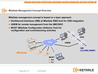CONTENT   ENVIRONMENT   REQUIREMENTS   INTRODUCTION   FEATURES   APPLICATIONS   ROADMAP   BENEFITS   +




MileGate Management Concept Overview


MileGate management concept is based on a layer approach
 Northbound Interfaces (NBI) at MileGate EMS level for OSS integration
 UNEM for remote management from the NMC/NOC
 MCST (MileGate Configuration Software Tool) for
  configuration and commissioning activities


                                                                                                 OSS

                                                 DCN                     UNEM

                                                                                                 NBI
                                                                                                 (CLI/XML/SNMP)
       MileGate
                                                  MCST
                                                   GUI
                                                   CLI




        I Page 48 of 77           © KEYMILE
 